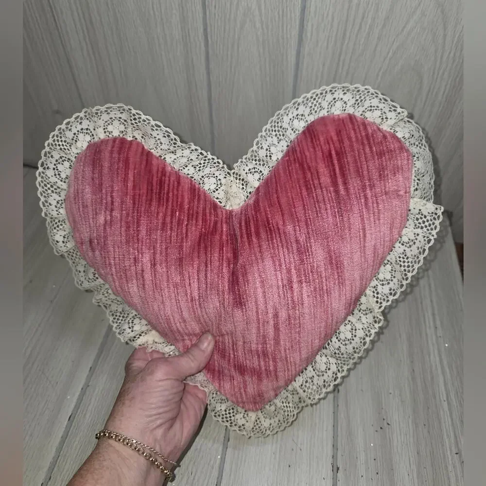 Vtg 80s Handmade Lace Ribbon Heart Shape Pillow Velvet Coquette Victorian Girlie